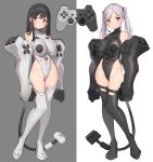  2girls bangs bare_shoulders black_footwear black_hair black_leotard blush boots breasts buttons cable controller covered_navel dualshock full_body game_controller gamepad grey_background grey_footwear grey_hair grey_leotard hair_between_eyes highleg highleg_leotard large_breasts legs leotard long_hair looking_at_viewer multiple_girls original pink_eyes playstation_controller pop_kyun simple_background thigh-highs thigh_boots thighs twintails two-tone_background white_background 