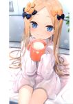  1girl abigail_williams_(fate/grand_order) absurdres alternate_costume bangs black_bow blonde_hair blue_eyes blurry blurry_background blush borrowed_garments bow closed_mouth collared_shirt cup depth_of_field dress_shirt dutch_angle eyebrows_visible_through_hair fate/grand_order fate_(series) forehead hair_bow highres holding holding_cup indoors leaf lips long_hair long_sleeves looking_at_viewer milk mug naked_shirt no_hat no_headwear non-web_source orange_bow parted_bangs plant polka_dot polka_dot_bow print_mug scan shirt signature sitting sleeves_past_fingers sleeves_past_wrists smile solo very_long_hair white_shirt yano_mitsuki 