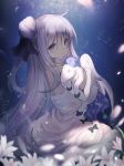  1girl azur_lane bare_shoulders commentary_request dress elbow_gloves eyebrows_visible_through_hair flower fuyouchu gloves hair_bun long_hair looking_at_viewer one_side_up petals side_bun silver_hair sitting solo stuffed_alicorn stuffed_animal stuffed_toy unicorn_(azur_lane) very_long_hair violet_eyes white_dress white_gloves 