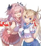  1boy 1girl ahoge astolfo_(fate) bangs black_bow blonde_hair blue_eyes blue_neckwear blue_sailor_collar blue_skirt blush bow bradamante_(fate/grand_order) braid breasts crown_braid fang fate/apocrypha fate/grand_order fate_(series) hair_between_eyes hair_bow hair_ornament large_breasts long_hair looking_at_viewer matching_outfit midriff navel neckerchief one_eye_closed open_mouth otoko_no_ko pink_hair pink_neckwear pink_sailor_collar pink_skirt pleated_skirt sailor_collar saitou_masatsugu school_uniform serafuku single_braid skin_fang skirt smile twintails v very_long_hair violet_eyes wavy_mouth white_background 