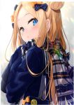  1girl :o abigail_williams_(fate/grand_order) absurdres alternate_costume bag bangs black_bow black_sailor_collar black_sweater blonde_hair blue_eyes blush bow fate/grand_order fate_(series) forehead fringe_trim hair_behind_ear hair_bow hair_bun highres long_hair long_sleeves looking_at_viewer looking_back non-web_source orange_bow parted_bangs parted_lips plaid plaid_scarf polka_dot polka_dot_bow sailor_collar scan scarf school_bag school_uniform serafuku side_bun sleeves_past_fingers sleeves_past_wrists smiley_face solo sweater twitter_username upper_body yano_mitsuki 