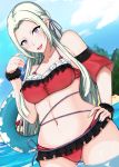  1girl :d ass_visible_through_thighs bare_shoulders beach bikini blue_sky blush chiyo_(pk19981234) clouds collarbone cowboy_shot cute detached_sleeves edelgard_von_hresvelg fire_emblem fire_emblem:_three_houses fire_emblem:_three_houses hair_ribbon hand_on_hip highres innertube intelligent_systems koei_tecmo long_hair looking_at_viewer looking_down navel nintendo ocean open_mouth partially_submerged red_bikini ribbon short_sleeves silver_hair sky smile solo summer swimsuit teeth violet_eyes wrist_cuffs 