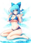  1girl alternate_breast_size bangs bare_arms bare_legs bare_shoulders barefoot blue_bow blue_eyes blue_hair blue_nails blush bow breasts cirno collarbone commentary_request criss-cross_halter eyebrows_visible_through_hair groin hair_between_eyes hair_bow halterneck hands_up highres ice ice_wings large_breasts long_hair looking_at_viewer nail_polish navel o-ring o-ring_bikini older osashin_(osada) shadow simple_background sitting smile solo stomach thighs toenail_polish touhou white_background wings yokozuwari 