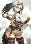  1girl alternate_costume bird_tail black_hair boots brown_gloves closed_mouth commentary_request cowboy_shot dated eyebrows_visible_through_hair fingerless_gloves gloves green_eyes grey_background grey_hair gun hair_between_eyes handgun happa_(cloverppd) head_wings kemono_friends multicolored_hair shoebill_(kemono_friends) short_sleeves shorts signature solo steampunk thigh-highs thigh_boots thighhighs_under_boots weapon 