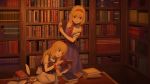  2girls alice_margatroid blonde_hair book brown_eyes cup eyebrows_visible_through_hair flower highres holding holding_book indoors inkwell kirisame_marisa library long_hair looking_at_another looking_away multiple_girls open_book quill scenery short_hair short_sleeves sitting smile standing table tea teacup touhou turu upper_teeth vase 