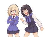  2girls andou_(girls_und_panzer) angry arguing asami_(highway) bangs black_hair blonde_hair blue_eyes bright_pupils brown_eyes dark_skin girls_und_panzer long_sleeves looking_at_another medium_hair messy_hair multiple_girls necktie open_mouth oshida_(girls_und_panzer) simple_background skirt sweatdrop sweater sweater_around_neck thighs white_background white_pupils 