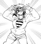  1girl ;p bangs double_v eyebrows_visible_through_hair fukumaaya glasses greyscale heart highres hood hoodie inoue_mari jimiko looking_at_viewer low_twintails marumaru_shikaji_ka monochrome motion_lines one_eye_closed plump shirt short_twintails solo striped striped_shirt thick_eyebrows tongue tongue_out twintails v white_background 