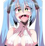  1girl :d bare_shoulders blue_hair blush breasts detached_sleeves green_eyes hair_between_eyes hair_ornament hatsune_miku kafun long_hair open_mouth simple_background sleeveless smile solo tears tongue tongue_out twintails very_long_hair vocaloid white_background 