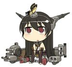  1girl black_gloves black_hair blush bug butterfly butterfly_on_head chibi elbow_gloves fingerless_gloves gloves headgear insect kamata_yuuya kantai_collection long_hair nagato_(kantai_collection) open_mouth pleated_skirt red_eyes rigging simple_background sitting skirt solo turret very_long_hair white_background white_skirt 