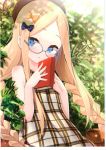  1girl abigail_williams_(fate/grand_order) absurdres alternate_costume alternate_hairstyle animal bangs bare_arms bare_shoulders beret bespectacled black_bow black_headwear blonde_hair blue_eyes blush book bow braid brown_dress bug butterfly collarbone day dress eyebrows_visible_through_hair fate/grand_order fate_(series) fingernails forehead glasses grey-framed_eyewear hair_bow hands_up hat highres holding holding_book insect leaf long_hair looking_at_viewer low_twintails non-web_source orange_bow outdoors parted_bangs parted_lips plaid plaid_dress plant polka_dot polka_dot_bow round_eyewear scan silver-framed_eyewear sleeveless sleeveless_dress solo sunlight twin_braids twintails upper_body very_long_hair yano_mitsuki 