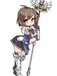  1girl ahoge armored_boots boots brown_eyes brown_gloves brown_hair clara_(sennen_sensou_aigis) elbow_gloves full_body gloves hair_ornament hairclip looking_at_viewer nemui_(nemui) open_mouth pleated_skirt polearm sennen_sensou_aigis short_hair simple_background skirt solo spear standing vambraces weapon white_background 