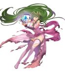  1girl boots breasts dress fire_emblem fire_emblem:_mystery_of_the_emblem fire_emblem_heroes floating floating_object full_body green_eyes green_hair hair_ornament highres jewelry long_hair looking_away low_twintails medium_breasts nagi_(fire_emblem) non-web_source official_art okaya_mrh open_mouth pink_dress pointy_ears shiny shiny_hair solo stone thigh-highs thigh_boots tiara torn_clothes transparent_background twintails very_long_hair 