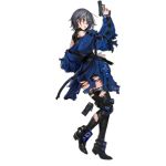 1girl ankle_guards baggy_clothes bangs black_legwear blue_coat blue_eyes boots breasts coat corset damaged earrings eyebrows_visible_through_hair from_side full_body girls_frontline grey_hair grin gun hair_between_eyes handgun holding holding_gun holding_weapon infukun jewelry long_sleeves looking_at_viewer magazine_(weapon) official_art p22_(girls_frontline) parted_lips short_hair shoulder_cutout sidelocks skindentation sleeves_past_wrists smile solo standing standing_on_one_leg strap stud_earrings thigh-highs thigh_boots torn_boots torn_clothes transparent_background trigger_discipline turtleneck walther_p22 watermark weapon zipper 