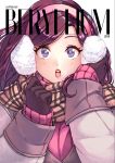  1girl 2019 bangs beryl_(junkpuyo) black_gloves blue_eyes blush coat cover cover_page earmuffs gloves hand_on_earmuffs junkpuyo lips long_hair magazine_cover open_mouth original pink_sweater plaid plaid_scarf purple_hair ribbed_sweater scarf solo sweater swept_bangs winter_clothes winter_coat 