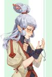  1girl artist_name bangs blush breasts brown_eyes commentary_request facial_mark forehead_mark from_side hair_ornament hair_tubes long_hair paya_(zelda) pointy_ears solo the_legend_of_zelda white_hair zhaoye 