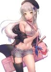  1girl bangs bare_shoulders beret black_headwear black_jacket black_legwear breasts bubble_blowing chewing_gum commentary crop_top earrings eyebrows_visible_through_hair fur-trimmed_hood fur_trim garter_straps girls_frontline green_eyes grey_shorts hair_ornament hat hk416_(girls_frontline) holding_strap hood hood_down hooded_jacket jacket jewelry long_hair looking_at_viewer midriff navel off_shoulder open_clothes open_jacket ozzingo shirt short_shorts shorts silver_hair simple_background single_thighhigh sleeveless sleeveless_shirt small_breasts solo symbol_commentary thigh-highs very_long_hair white_background white_shirt 