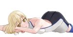  1girl aiz_wallenstein ass backless_outfit black_skirt blonde_hair blue_footwear boots breasts dungeon_ni_deai_wo_motomeru_no_wa_machigatteiru_darou_ka easy_(aqk7bdqt) long_hair looking_at_viewer lying medium_breasts on_stomach simple_background skirt solo thigh-highs thigh_boots white_background yellow_eyes 