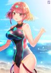  1girl artist_name bangs blush breasts chinchongcha closed_mouth clouds competition_swimsuit covered_navel eyebrows_visible_through_hair gem hair_ornament hand_on_breast headpiece highres pyra_(xenoblade) jewelry large_breasts looking_at_viewer one-piece_swimsuit pose red_eyes redhead short_hair sky smile swept_bangs swimsuit tiara water xenoblade_(series) xenoblade_2 