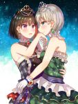  2girls aoba_moca bang_dream! black_hair blush bow commentary_request dress earrings eyebrows_visible_through_hair gloves green_dress green_eyes grey_dress grey_hair hand_on_another&#039;s_mouth hand_on_another&#039;s_waist holding_hands jewelry mitake_ran multicolored_hair multiple_girls necklace nyacha_(tya_n_ya) redhead short_hair streaked_hair tiara violet_eyes white_gloves yuri 
