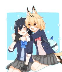  2girls :3 alternate_costume animal_ear_fluff animal_ears bare_legs black_gloves blonde_hair blue_neckwear blue_sweater blush bow bowtie closed_eyes commentary_request extra_ears eyebrows_visible_through_hair fang gloves grey_skirt highres hug jacket kaban_(kemono_friends) kemono_friends loafers lucky_beast_(kemono_friends) luki1192759520 multiple_girls navy_blue_jacket no_hat no_headwear open_mouth pink_sweater pleated_skirt red_neckwear school_uniform serval_(kemono_friends) serval_ears serval_tail shoes short_hair short_sleeves sitting skirt sweater tail yellow_eyes 