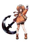  1girl anchor blush gloves guilty_gear guilty_gear_2020 hat long_hair looking_at_viewer may_(guilty_gear) orange_headwear orange_hoodie orange_shirt pirate pirate_hat shirt simple_background skull_and_crossbones smile solo sweater yutoriro 