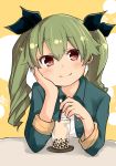  1girl anchovy bangs barashiya black_ribbon blush casual chin_rest closed_mouth collared_shirt commentary cup drill_hair drinking_glass drinking_straw elbow_rest eyebrows_visible_through_hair girls_und_panzer green_hair green_shirt hair_ribbon highres long_hair long_sleeves looking_at_viewer open_clothes open_shirt red_eyes ribbon shadow shirt sitting smile solo table twin_drills twintails white_shirt 