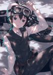  1girl androgynous antenna_hair arm_support arm_up belt_buckle belt_pouch black_eyes black_hair black_pants black_vest buckle dappled_sunlight dress_shirt fur_hat goggles goggles_on_headwear ground_vehicle hat head_tilt hermes kino kino_no_tabi kuroboshi_kouhaku long_sleeves motor_vehicle motorcycle official_art on_ground pants parted_lips pouch reverse_trap shirt short_hair sitting solo sunlight ushanka vest white_shirt 