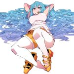  1girl arms_behind_head bangs belt blue_eyes blue_hair breasts eyebrows_visible_through_hair kafun long_hair looking_at_viewer lying on_back original pink_nails shorts simple_background sleeveless solo very_long_hair white_background 