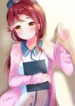  1girl absurdres birthday commentary_request depe eyebrows_visible_through_hair hair_ornament hat highres jacket long_hair love_live! love_live!_school_idol_festival love_live!_sunshine!! nurse nurse_cap pink_jacket ponytail redhead sakurauchi_riko signature yellow_eyes 