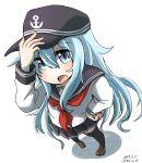  1girl anchor_symbol aoba_(akibajun) black_legwear black_sailor_collar blue_eyes brown_footwear commentary_request dated flat_cap foreshortening full_body hat hibiki_(kantai_collection) highres horosho kantai_collection loafers long_hair looking_at_viewer neckerchief open_mouth perspective pleated_skirt red_neckwear sailor_collar school_uniform serafuku shadow shoes silver_hair simple_background skirt solo standing thigh-highs twitter_username white_background 