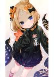  1girl :o abigail_williams_(fate/grand_order) absurdres animal_print bangs black_bow black_jacket blonde_hair blue_eyes blush bow fate/grand_order fate_(series) hair_bow hair_bun head_tilt heroic_spirit_traveling_outfit highres jacket long_hair long_sleeves looking_at_viewer non-web_source object_hug orange_bow parted_bangs parted_lips polka_dot polka_dot_bow red_footwear scan sleeves_past_fingers sleeves_past_wrists solo standing standing_on_one_leg stuffed_animal stuffed_toy suction_cups teddy_bear tentacles tiger_print yano_mitsuki 