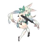  &gt;:) 1girl :p animal_ear_fluff animal_ears art556_(girls_frontline) ass assault_rifle bangs black_panties blush boots bow brown_eyes closed_mouth commentary eyebrows_visible_through_hair floating_hair from_behind girls_frontline gloves green_bow green_hair green_ribbon gun hair_between_eyes hair_bow hair_ribbon high_heel_boots high_heels holding holding_gun holding_weapon knees_together_feet_apart long_hair looking_at_viewer looking_back object_namesake official_art over-kneehighs panties ribbon rifle saru shadow shiny shiny_hair smile solo taurus_art556 thigh-highs thigh_boots thighs tongue tongue_out torn_clothes torn_legwear transparent_background trigger_discipline twintails underwear v-shaped_eyebrows weapon white_gloves white_legwear 