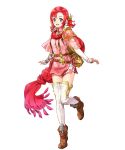 1girl armor bangs boots brown_footwear fire_emblem fire_emblem:_mystery_of_the_emblem fire_emblem_heroes full_body green_eyes hair_ornament highres kaya8 long_hair long_sleeves non-web_source norne_(fire_emblem) official_art quiver redhead shiny shiny_hair shoulder_armor solo thigh-highs tied_hair transparent_background white_legwear