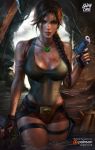  1girl absurdres artist_name bandaged_arm bandages bare_shoulders belt braid breasts brown_eyes brown_hair brown_shorts buckle dirty finger_on_trigger fingerless_gloves gloves green_leotard gun handgun highres holding holding_gun holding_weapon injury jewelry lara_croft large_breasts leotard lips logan_cure long_hair necklace parted_lips pistol ponytail short_shorts shorts solo tomb_raider wading weapon 