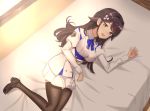  animal_ears azur_lane bangs bed black_hair bow breasts choukai_(azur_lane) dog_ears extra_ears hair_flaps highres holaa long_sleeves lying nib_pen_(medium) on_side puffy_long_sleeves puffy_sleeves scarf skirt smile swept_bangs traditional_media white_bow white_scarf white_skirt yellow_eyes 