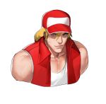  1boy baseball_cap blonde_hair blue_eyes fatal_fury fingerless_gloves gloves hat highres jacket long_hair looking_at_viewer male_focus muscle ponytail simple_background smile solo super_smash_bros. terry_bogard the_king_of_fighters white_background zelus 