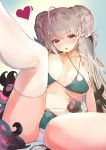  1girl absurdres azur_lane bikini braid braided_bun breasts formidable_(azur_lane) formidable_(the_lady_of_the_beach)_(azur_lane) hair_bun heart highres hoerutarou large_breasts long_hair looking_at_viewer orange_eyes silver_hair single_thighhigh solo swimsuit thigh-highs tongue very_long_hair white_legwear 