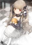  1girl azur_lane bangs bare_shoulders black_footwear black_ribbon blunt_bangs bridal_gauntlets child closed_mouth commentary_request dress earrings expressionless eyebrows_visible_through_hair formidable_(azur_lane) frilled_dress frilled_skirt frills gothic_lolita grey_hair hair_ribbon holding holding_stuffed_animal huge_filesize jewelry jitome knees_up lolita_fashion long_hair long_skirt long_sleeves looking_at_viewer mary_janes red_eyes ribbon shoes sitting skirt solo stuffed_animal stuffed_toy teddy_bear tile_floor tiles twintails very_long_hair watarumi white_legwear younger 