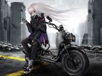  1girl absurdres artist_request cellphone city damaged english_text flip_phone girls_frontline ground_vehicle hair_flowing_over heterochromia highres mdr_(girls_frontline) motor_vehicle motorcycle phone road ruins solo 