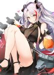  1girl :q antenna_hair ass azur_lane bangs bare_legs bare_shoulders black_dress black_gloves blush bottle breasts closed_mouth cup dress drinking_glass elbow_gloves flask gloves hair_between_eyes hair_ribbon heart high_heels highres holding knees_up large_breasts legs licking_lips long_hair looking_at_viewer luse_maonang multicolored_hair orange_eyes pinky_out prinz_eugen_(azur_lane) prinz_eugen_(cordial_cornflower)_(azur_lane) redhead ribbon sidelocks silver_hair simple_background sitting smile solo streaked_hair swept_bangs thighs tongue tongue_out turret two_side_up white_background 