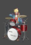  1boy absurdres animal_ears bakugou_katsuki black_gloves black_jacket black_pants blonde_hair blue_jacket boku_no_hero_academia brown_footwear cat_ears character_name commentary_request drum drumsticks extra_ears gloves grey_background headphones headphones_around_neck highres holding_drumsticks instrument jacket lingshao1994 long_sleeves looking_at_viewer male_focus open_mouth pants red_eyes shirt shoes short_hair simple_background sitting spiky_hair tongue tongue_out torn_clothes torn_pants white_shirt 