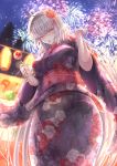  1girl absurdres ahoge blush breasts candy_apple fate/grand_order fate_(series) festival fireworks flower food food_stand from_below hair_flower hair_ornament highres huge_filesize japanese_clothes jeanne_d&#039;arc_(alter)_(fate) jeanne_d&#039;arc_(fate)_(all) kimono large_breasts long_hair mask mask_on_head night one_eye_closed penguintake white_hair wide_sleeves yellow_eyes yukata 