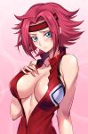  1girl arm_at_side blue_eyes blush breasts center_opening closed_mouth code_geass collarbone commentary_request eyebrows_visible_through_hair hand_on_own_chest hand_up headband highres kallen_stadtfeld large_breasts looking_at_viewer nasaniliu no_bra open_clothes red_headband redhead revision short_hair simple_background sleeveless solo upper_body 