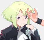  1boy 2boys armband bangs black_gloves black_jacket closed_mouth cravat forehead frown galo_thymos gloves green_hair half_gloves jacket lio_fotia male_focus multiple_boys ns1123 promare solo violet_eyes 