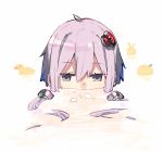  1girl bangs bath blue_eyes bubble_blowing commentary expressionless eyebrows_visible_through_hair floating_hair food fruit hair_ornament half-closed_eyes hitogome partially_submerged portrait purple_hair rabbit rubber_duck sidelocks solo toy vocaloid voiceroid white_background yuzuki_yukari 