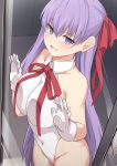  1girl against_glass bangs bare_arms bare_shoulders bb_(fate)_(all) blush breasts eyebrows_visible_through_hair fate/grand_order fate_(series) gloves hair_ribbon large_breasts long_hair looking_at_viewer purple_hair red_ribbon ribbon shiseki_hirame smile solo very_long_hair violet_eyes white_gloves 
