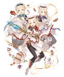  3girls animal_ears blonde_hair cake cosplay feathers final_fantasy food full_body gloves hat ji_no macaron multiple_girls official_art pantyhose pig_ears plump sandwich sinoalice skinny smile staff three_little_pigs_(sinoalice) transparent_background upper_teeth vial violet_eyes white_mage white_mage_(cosplay) wide_sleeves 