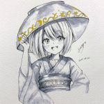  1girl bowl bowl_hat dated hand_on_headwear hat highres japanese_clothes kimono long_sleeves looking_at_viewer monochrome obi open_mouth sash short_hair signature smile solanikieru solo spot_color sukuna_shinmyoumaru touhou wide_sleeves 