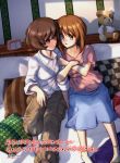  2girls absurdres akiyama_yukari arm_holding bangs blue_skirt blush boko_(girls_und_panzer) brown_eyes brown_hair clock girls_und_panzer hand_on_own_knee highres long_sleeves multiple_girls nishizumi_miho open_mouth pillow shirt short_hair sitting skirt stuffed_animal stuffed_toy teddy_bear translated user_zarw3833 white_shirt yuri 