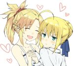  2girls :d ahoge artoria_pendragon_(all) bangs blonde_hair blue_ribbon blush braid breasts closed_eyes commentary_request eyebrows_visible_through_hair fang fate/grand_order fate_(series) frown gedou_(ge_ge_gedou) green_eyes hair_between_eyes hair_bun hair_ornament hair_scrunchie heart holding_hands long_hair looking_at_viewer mordred_(fate) mordred_(fate)_(all) multiple_girls open_mouth ponytail red_scrunchie ribbon scrunchie shirt short_hair smile v-shaped_eyebrows white_shirt 